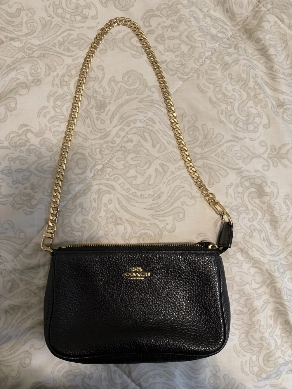 Coach Black Pebbled Leather Shoulder Bag with Gold Chain Strap